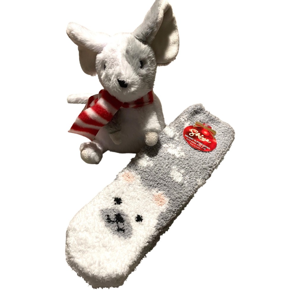 Shine Holiday Slipper Socks Giggle Scape‎ Plush Mouse Set Gray White Polar Bear
